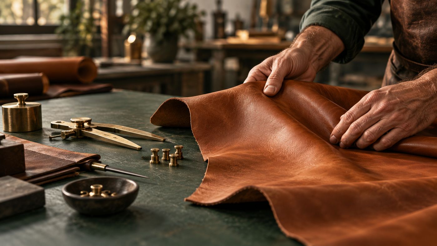 Hands working a hide of tan leather on a workshop bench